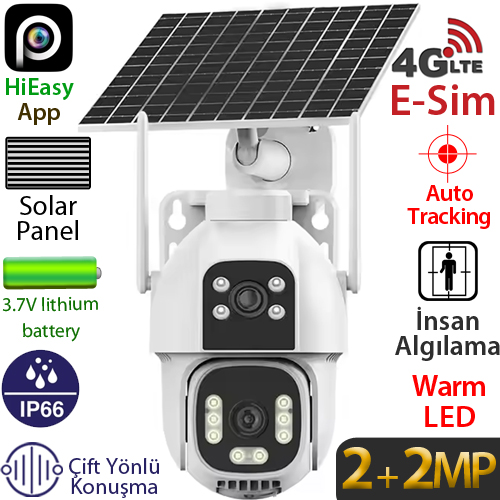 TRK-LINK RS-5102 2x2MP 4G Dış Mekan Güneş Enerjili PT Güvenlik Kamerası - 2 Lensli, Renkli Gece Görüş, İnsan Takibi, Çift Yönlü Konuşma