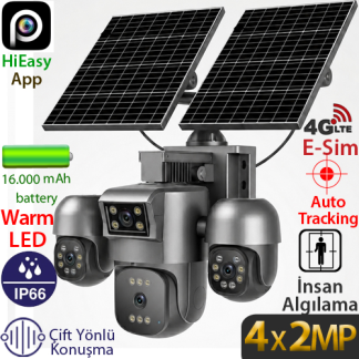 TRK-LINK RS-5604 SİYAH 4x2MP 4G Dış Mekan Güneş Enerjili PT Güvenlik Kamerası - 4 Lensli, Renkli Gece Görüş, 16.000 mAh Batarya