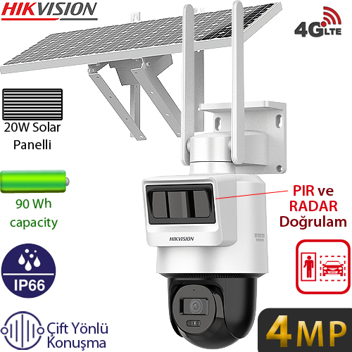 Hikvision DS-2DE2C400IWG-K/4G/C09S20 4MP 4G Dış Mekan Güneş Enerjili PT Güvenlik Kamerası - Çift Yönlü Konuşma, IP66