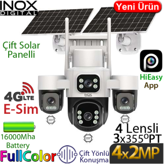 Inox X32 4x2MP 4G Dış Mekan Güneş Enerjili PT Güvenlik Kamerası - 4 Lensli, İnsan Takibi, Çift Yönlü Konuşma, 16.000 mAh Batarya