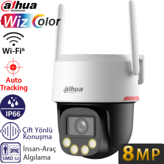 Dahua IPC-PT2849DC1-SW-PV 8MP Wi-Fi 6 Dış Mekan PT (Hareketli) Güvenlik Kamerası - Renkli Gece Görüş, İnsan Algılama, Çift Yönlü Konuşma, IP66