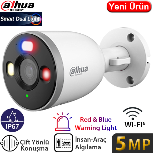 Dahua F5D-PV 5MP Wi-Fi Dış Mekan Bullet Güvenlik Kamerası - Renkli Gece Görüş, İnsan Algılama, Çift Yönlü Konuşma, Kırmızı/Mavi Uyarı Işığı