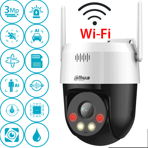Dahua P3AS-PV 3MP Wi-Fi 6 Dış Mekan PT (Hareketli) Güvenlik Kamerası - Renkli Gece Görüş, İnsan Algılama, Çift Yönlü Konuşma, Kırmızı/Mavi Uyarı Işığı
