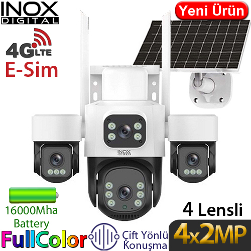 Inox X14 4x2MP 4G Dış Mekan Güneş Enerjili PT Güvenlik Kamerası - 4 Lensli, Renkli Gece Görüş, İnsan Takibi, Çift Yönlü Konuşma