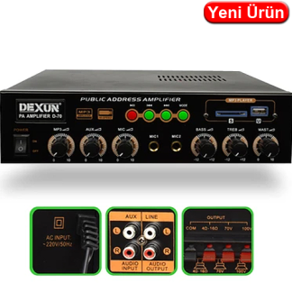 Dexun D-70 70W USB/SD/AUX 2 Mikrofon Girişli Trafolu Stereo Anfi