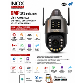 Inox 215 2x3MP 4G + Wi-Fi PTZ Kamera - 36x Optik Zoom, 2 Lensli, 7/24 Kayıt