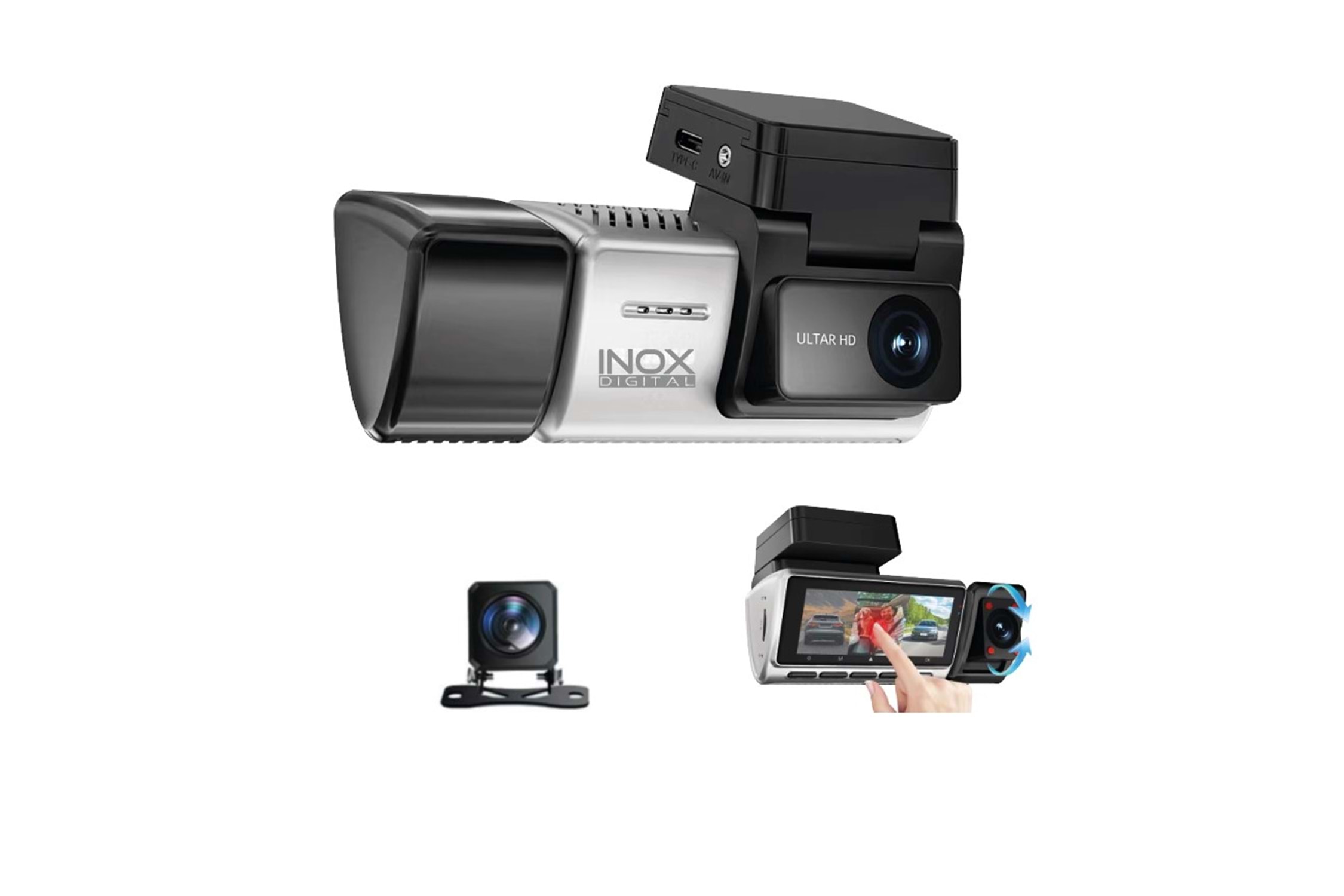 Inox X603 2K 3 Kameralı Araç Kamerası (Dashcam) - Ön + İç + Arka, Wi-Fi, Dokunmatik Ekran